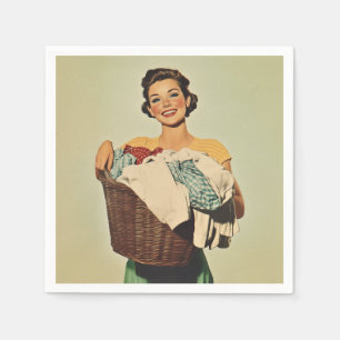 Smiling Housewife with Laundry Basket Napkin