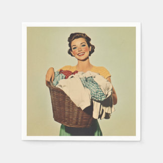 Smiling Housewife with Laundry Basket Napkin