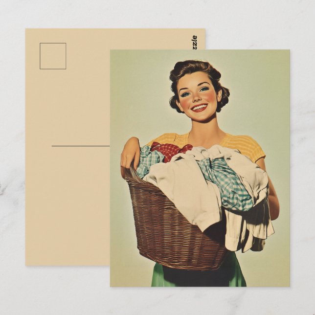 Smiling Housewife with Laundry Basket Postcard (Front/Back)