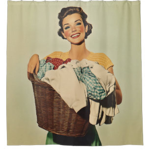 Smiling Housewife with Laundry Basket Shower Curtain