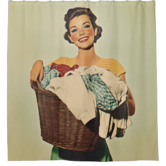 Smiling Housewife with Laundry Basket Shower Curtain