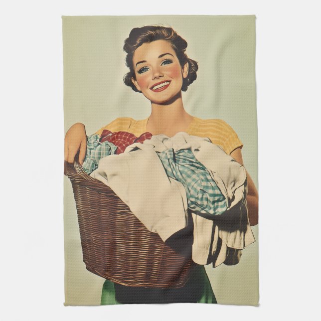 Smiling Housewife with Laundry Basket Tea Towel (Vertical)