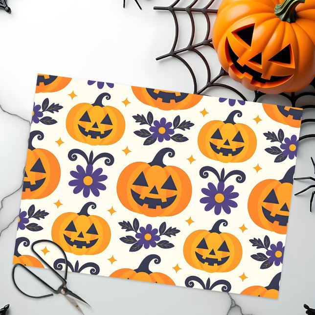 Smiling Jack-O'-Lanterns Purple Flowers Halloween Tissue Paper (Creator Uploaded)