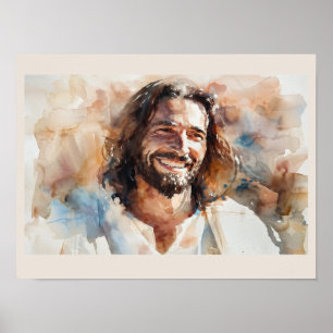 Smiling Jesus Watercolor Portrait   Christian Art Poster