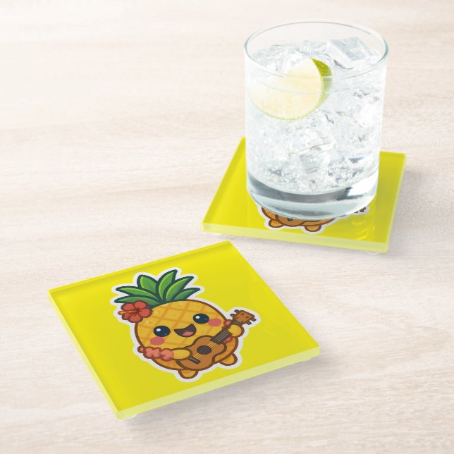 Smiling Kawaii Pineapple – Tropical Glass Coaster (Angled)