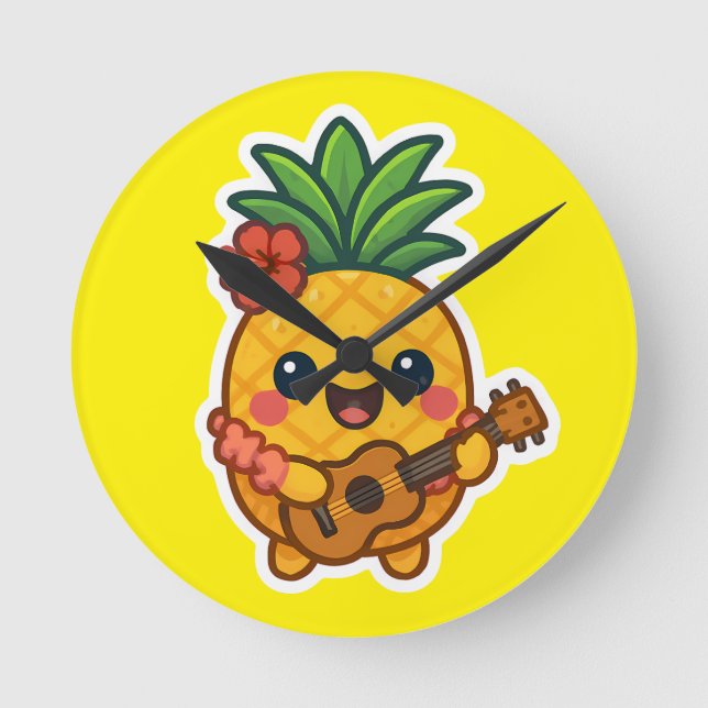 Smiling Kawaii Pineapple – Tropical Round Clock (Front)