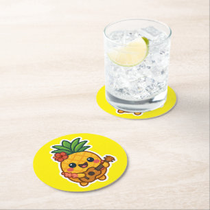 Smiling Kawaii Pineapple – Tropical Round Paper Coaster