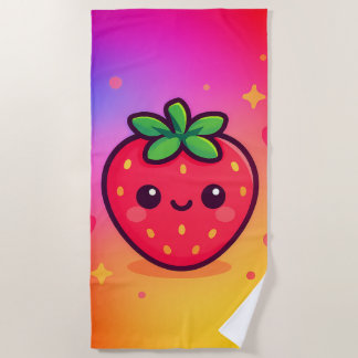 Smiling Kawaii Strawberry on Pastel Gradient Backg Beach Towel