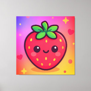 Smiling Kawaii Strawberry on Pastel Gradient Backg Canvas Print
