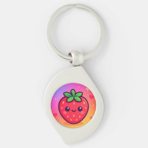 Smiling Kawaii Strawberry on Pastel Gradient Backg Key Ring