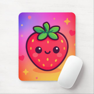 Smiling Kawaii Strawberry on Pastel Gradient Backg Mouse Mat