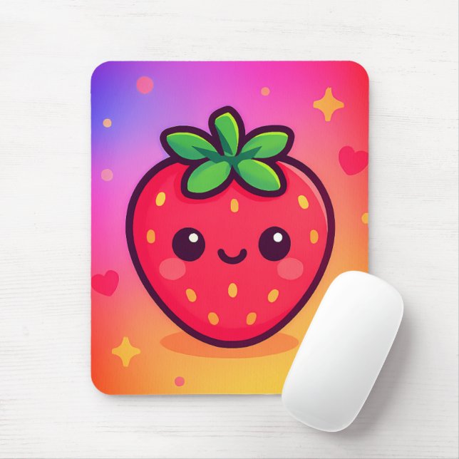 Smiling Kawaii Strawberry on Pastel Gradient Backg Mouse Mat (With Mouse)