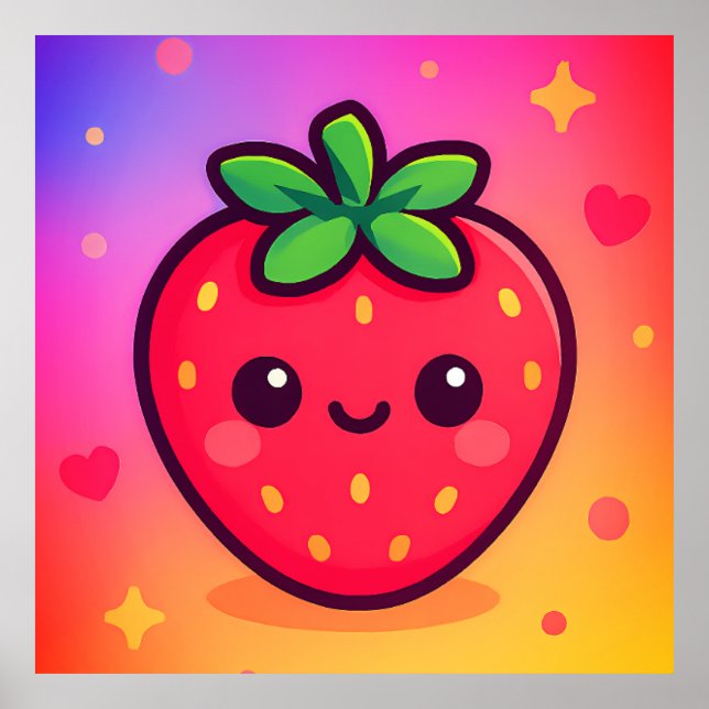 Smiling Kawaii Strawberry on Pastel Gradient Backg Poster (Front)