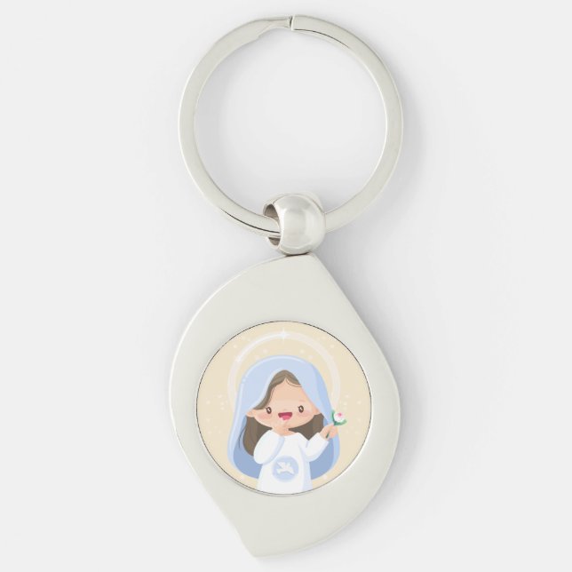 Smiling Kawaii Virgin Mary with Flower – Beige Key Ring (Front)