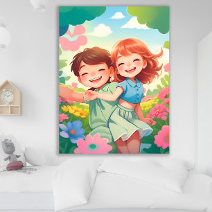Smiling Kids in Colourful Flower Garden Poster