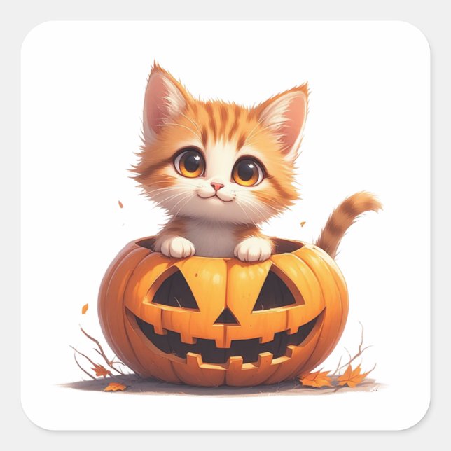 Smiling Kitten In Pumpkin Patch Halloween 🎃 Square Sticker (Front)