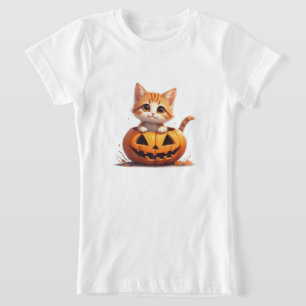 Smiling Kitten In Pumpkin Patch Halloween 🎃 T-Shirt