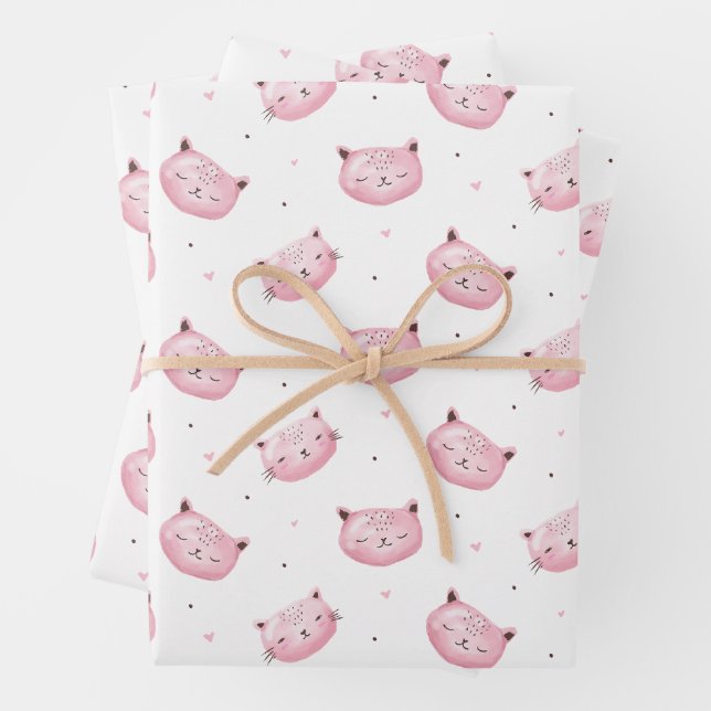 Smiling Kitty Faces Pattern Wrapping Paper Sheet (In situ)