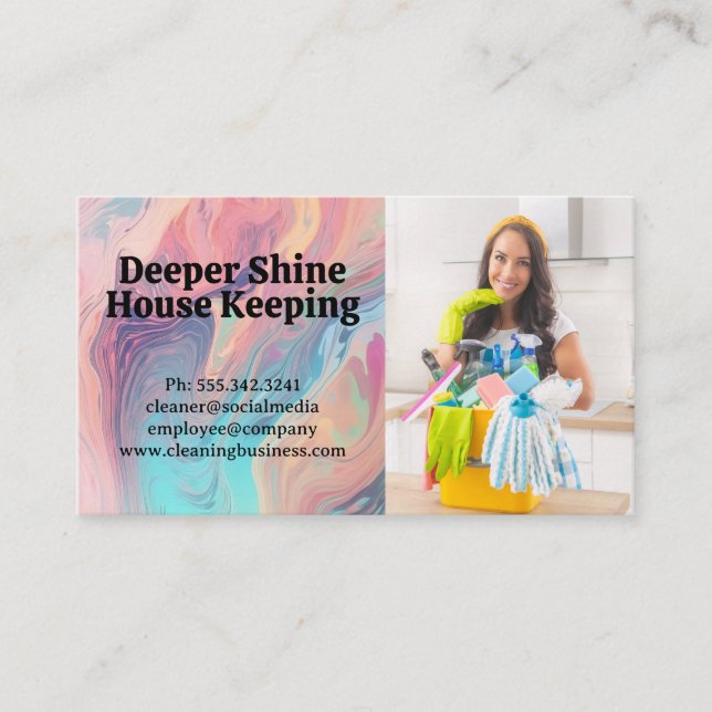 Smiling Lady Cleaning Modern Kitchen Business Card (Front)
