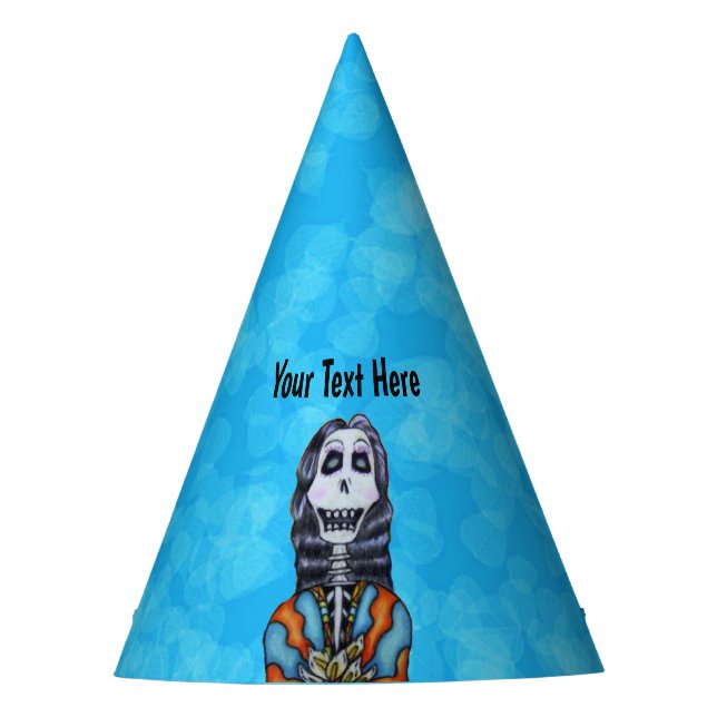 Smiling Lady Day of Dead Skeleton Cape Aqua blue Party Hat (Front)
