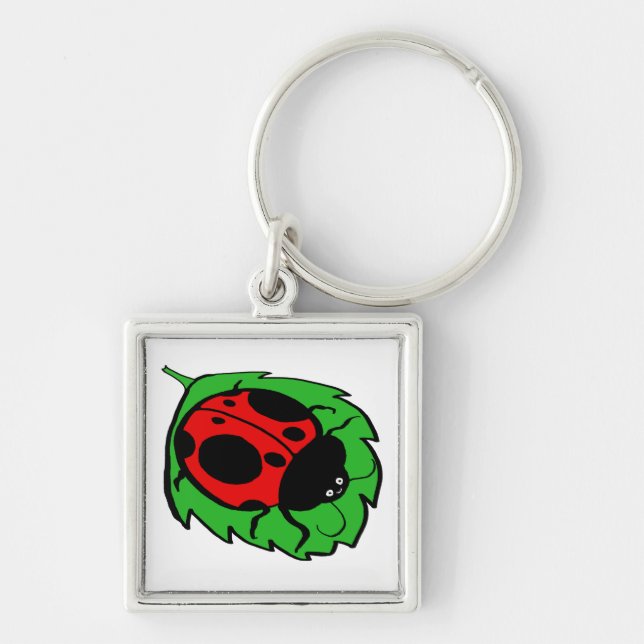 Smiling Ladybug on a Green Leaf Key Ring (Front)