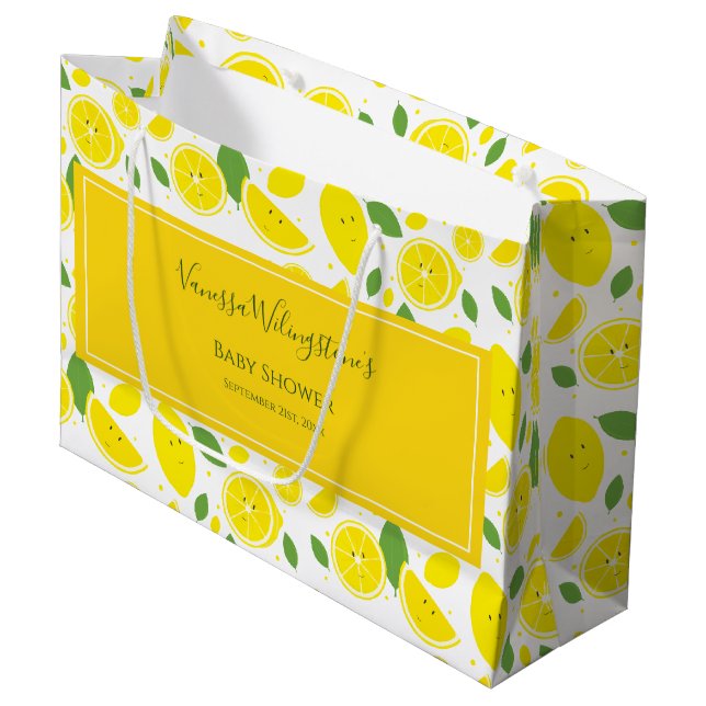 Smiling Lemons Yellow White Green Baby Shower Large Gift Bag (Front Angled)
