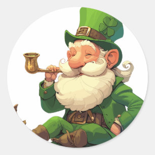 Smiling Leprechaun with Pipe Classic Round Sticker