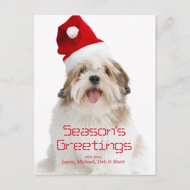 Smiling Lhasa Apso Dog Wearing Santa Hat Holiday Postcard (Front)
