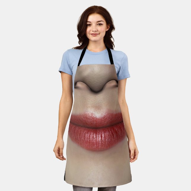 Smiling Lipstick Red Female Lips Close Up Apron (Worn)