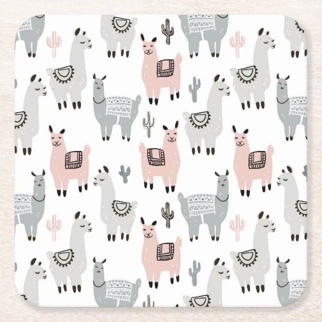 Smiling Llamas Pattern Square Paper Coaster (Front)