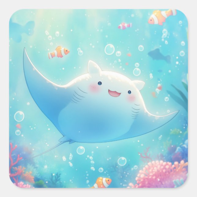 Smiling Manta Ray in Coral Paradise Square Sticker (Front)