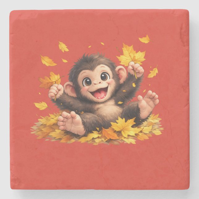 Smiling Monkey with Big Eyes Playful Tropical  Stone Coaster (Front)