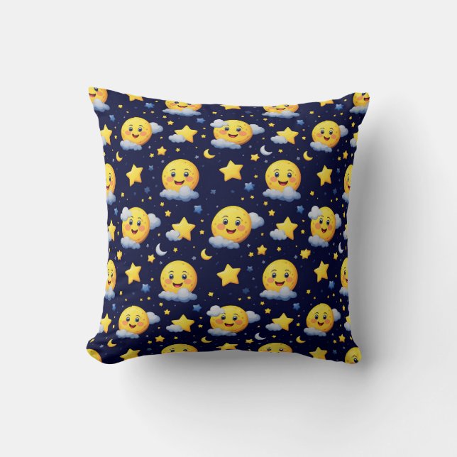 Smiling Moon and Stars with Clouds on Night Sky Cushion (Front)