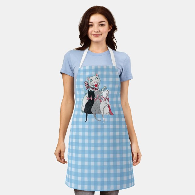 Smiling Mother White Cat Three Kittens on Plaid Apron (Worn)