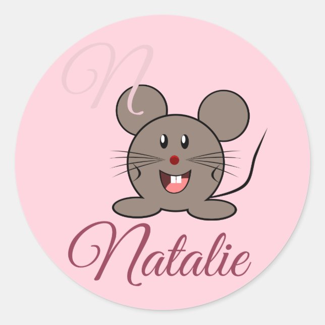 Smiling  mouse - in Pastel pink  monogrammed Classic Round Sticker (Front)