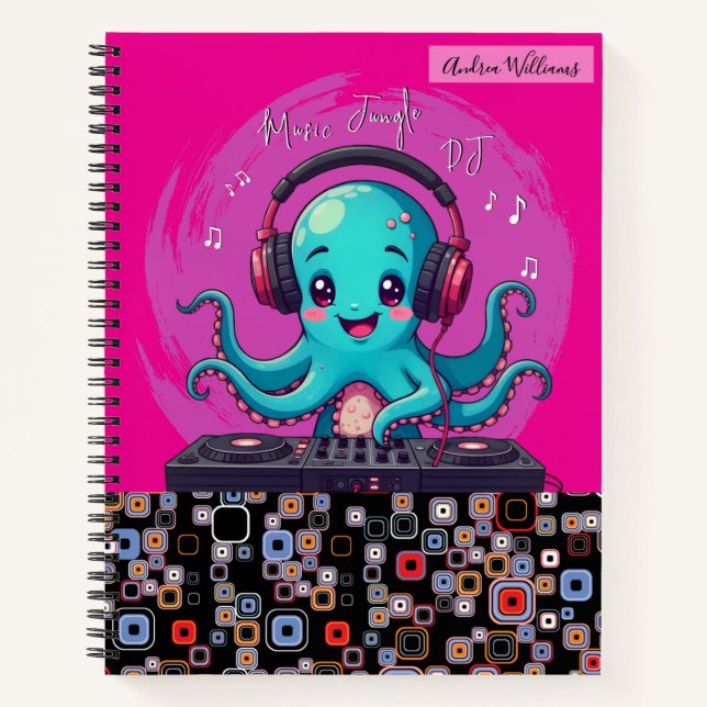 Smiling Octopus DJ, Happy Music Jungle Notebook (Front)