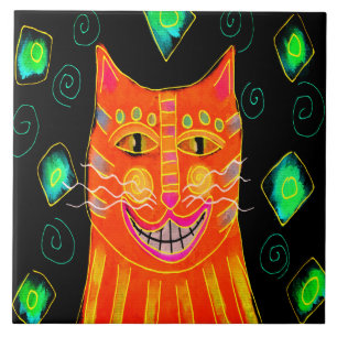 Smiling Orange Cat Digital Painting Tile