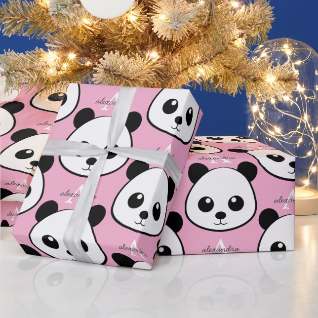 Smiling Panda Face Wrapping Paper – Cute Monogram  (Holidays)