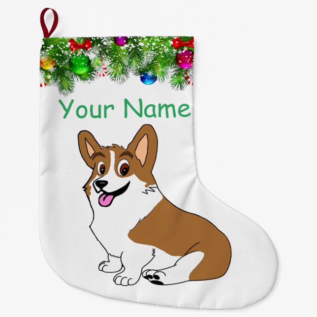 Smiling Pembroke Corgi Holiday Large Christmas Stocking (Front)