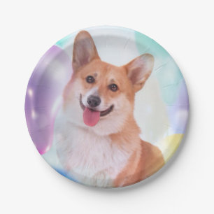 Smiling Pembroke Welsh Corgi with Balloons Paper Plate