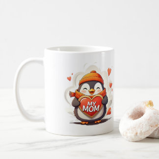 Smiling Penguin holding heart sign "MY MOM" Coffee Mug