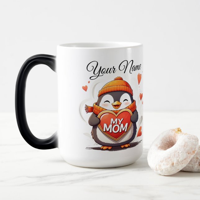 Smiling Penguin holding heart sign MY MOM Magic Mug (With Donut)