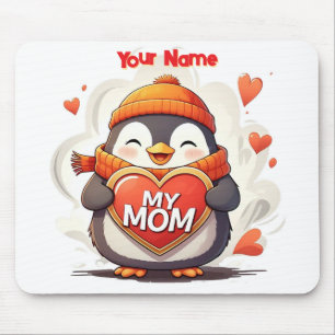 Smiling Penguin holding heart sign MY MOM Mouse Mat