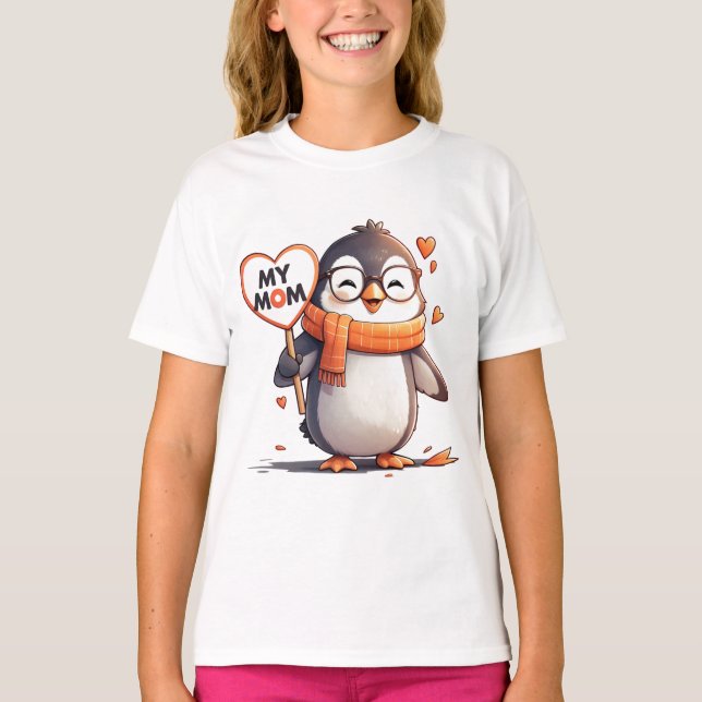 Smiling Penguin holding heart sign MY MOM T-Shirt (Front)
