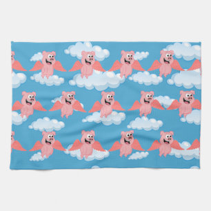 Smiling Pig Pink Wings Flying Animal Funny Cartoon Tea Towel