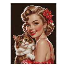 Smiling Pin-Up with Cat Portrait
