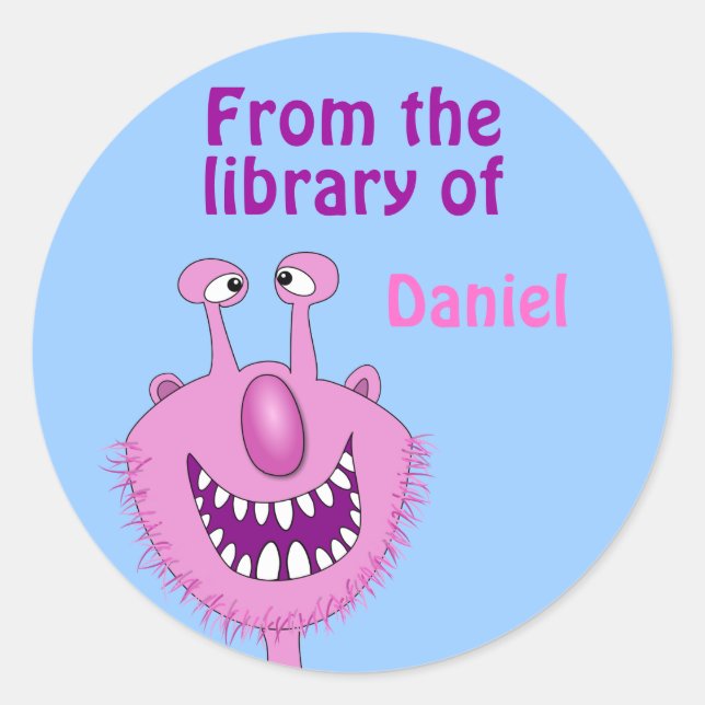 Smiling Pink Cute Monster Kids Custom Bookplate Classic Round Sticker (Front)