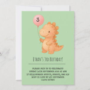 Smiling Pink Dino Holding Balloon Birthday Invitation