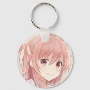 Smiling pink hair anime girl pink eyes manga key ring