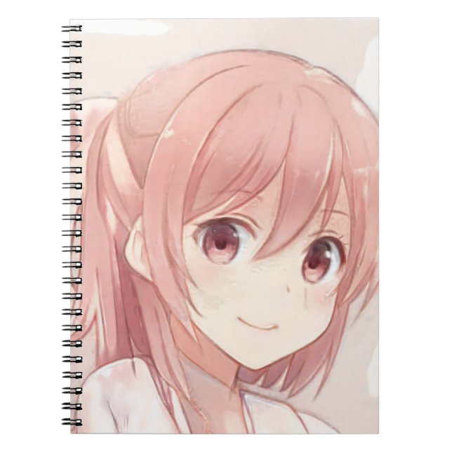 Smiling pink hair anime girl pink eyes manga notebook (Front)